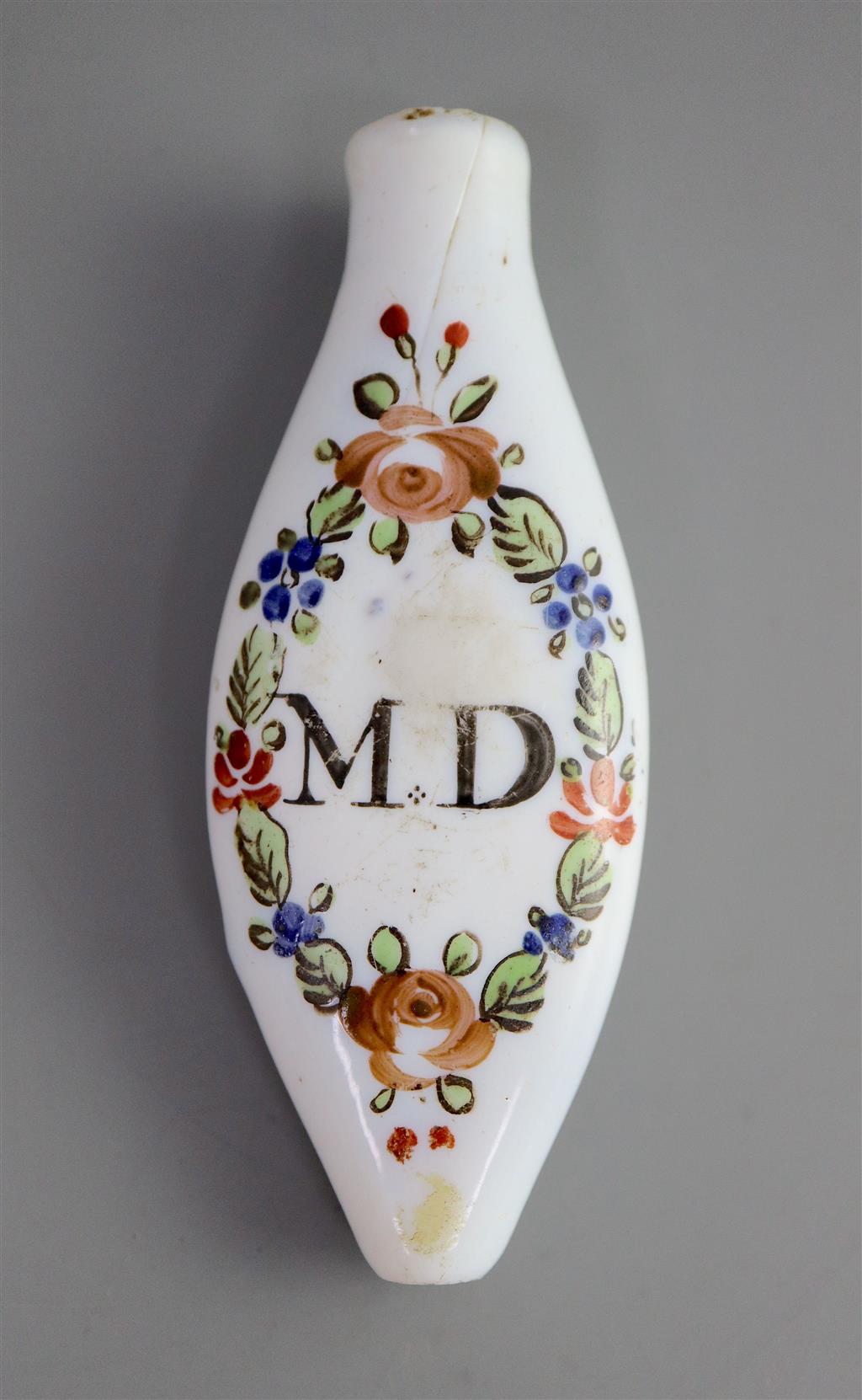 A George III enamelled white glass scent bottle, late 18th century, 8.9cm long